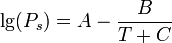 \log _{{10}}\left({\frac {P_{s}}{P^{o}}}\right)=A-{\frac {B}{T+C}}